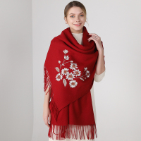 上海故事秋冬季保暖100%羊毛围巾女士百搭刺绣绣花加厚外搭大披肩