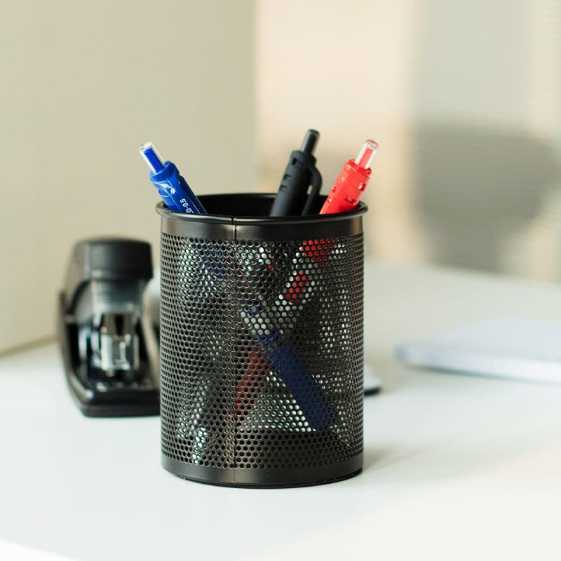 得力(deli)909 金属网纹圆形笔筒 创意桌面收纳办公用品 黑图片