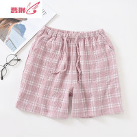 夏季睡裤女五分裤棉薄款格子大码家居裤沙滩裤 费琳