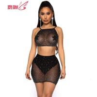 网红烫钻文胸短裙丝袜材质大码胖MM舞台带钻夜店套装钻裙时尚套装 费琳胸罩