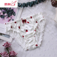 酒红爱心 女士内裤 轻奢缎面白蕾丝 甜美木耳边 可爱柔情镂空低腰 费琳