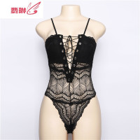 欧美ins新款绑带系带蕾丝镂空透视紧身性感连体衣大V领吊带上衣女 费琳塑身上衣塑身衣