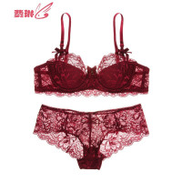 新款蕾丝半杯文胸欧美透明性感聚拢小胸罩女士红色内衣套装薄款 费琳胸罩