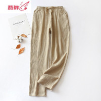 日系简约睡裤竹节纱宽松家居裤春季棉麻女长裤大码 费琳