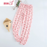 家居裤水洗纱布男棉睡裤长裤束腿皮筋中中腰 费琳