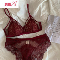 超美!法式浪漫少女三角杯无钢圈内衣细肩带蕾丝透明低腰三角内裤 费琳文胸胸罩