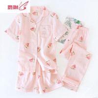 三件套日系棉纱布睡衣女短袖双层纱长短裤套装大码 费琳