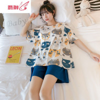 夏季睡衣女夏天学生韩版卡通可爱猫咪休闲薄款短袖套装服 费琳