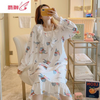 韩版睡衣女甜美长袖睡裙中长款薄款可爱学生裙子 费琳