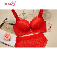 本命年大红无钢圈文胸套装新娘结婚加厚平胸聚拢调整内衣内裤 费琳