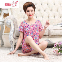 夏季中老年人睡衣女妈妈常规款短袖两件套粘纤绸大码人造粘纤套装服 费琳