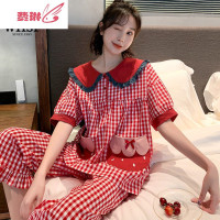 睡衣女夏季梭织格子公主短袖韩版甜美可爱莓棉服套装 费琳