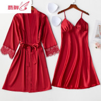 带胸垫吊带睡裙睡袍两件套性感蕾丝冰丝睡衣女夏薄款家居服春 费琳