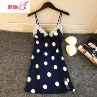 新款性感睡衣女夏季冰薄款蕾丝吊带带胸垫聚拢波点睡裙 费琳