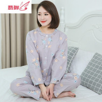 睡衣女长袖梭织棉布中老年睡衣妈妈服开衫薄款套装 费琳