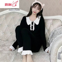 韩版睡衣女长袖宽松甜美可爱黑色娃娃领少女服套装 费琳