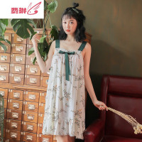 夏季轻薄款甜美小碎花吊带睡裙子女士夏天无袖贡缎棉绸人造棉睡衣 费琳