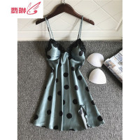吊带睡裙女夏薄款冰丝短袖韩版性感带胸垫睡衣短裙波点连衣裙 费琳