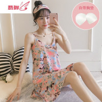 睡裙女夏季甜美印花睡裙带胸垫学生可爱清新薄款连衣裙子 费琳