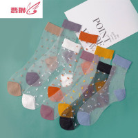 日系中筒袜子卡丝复古波点短袜女韩国可爱透明玻璃水晶丝袜 费琳