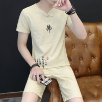 新款夏季男士短袖棉麻睡衣套装韩版中国风休闲家居服复古亚麻潮流夏装
