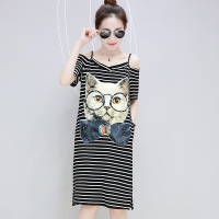 新款小轩原创欧洲站夏季吊带露肩条纹眼睛猫咪印花显瘦中长T恤连衣裙