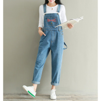 新款秋季新款文艺复古宽松休闲字母背带牛仔裤女