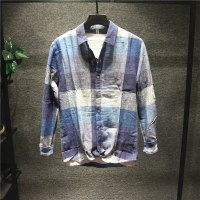 新款Hi 亚麻质感超好港味网红格子百搭长袖休闲衬衫男潮流秋季衬衣