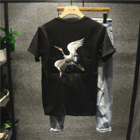 新款Hi 刺绣国潮白鹤亮翅男士T恤时尚休闲圆领短袖cec超火