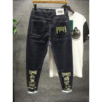 新款hi 刺绣金线字母小丑脸男士长款牛仔裤深蓝潮流韩版修身小脚酷