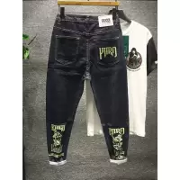 新款hi 刺绣金线字母小丑脸男士长款牛仔裤深蓝潮流韩版修身小脚酷
