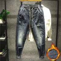 新款Hi 加绒加厚水洗磨白哈伦牛仔裤男士微宽松嘻哈束脚裤秋冬潮流