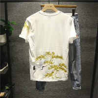 新款Hi 国潮刺绣白鹤展翅迎客松图案时尚休闲男士半袖T恤圆领港风
