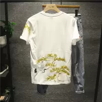 新款Hi 国潮刺绣白鹤展翅迎客松图案时尚休闲男士半袖T恤圆领港风