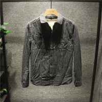 新款Hi 复古美式宽松条纹休闲长袖衬衫男士潮流韩版工装衬衣小外套