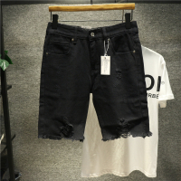 新款Hi 夏季破洞男士五分牛仔短裤纯黑色流苏毛边百搭学生显瘦中裤