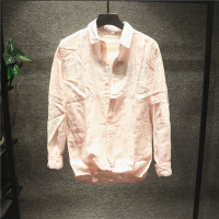 新款Hi 多色简洁纯色棉麻烫休闲衬衫男士长袖领秋装百搭衬衣