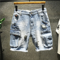 新款Hi 大码宽松直筒工装五分牛仔短裤男半截裤破洞硬汉欧美风中裤