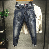 新款Hi 微心机重工艺水洗磨白牛仔裤男修身小脚裤潮流百搭弹力长裤