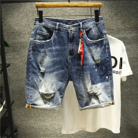 新款Hi  挂件 夏季薄款磨白破洞男士牛仔水洗五分裤海滩短裤