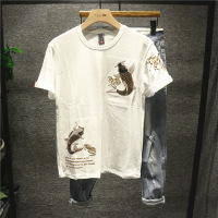 新款Hi 刺绣T恤男日系短袖中国风双锦鲤民族休闲原宿半袖