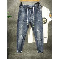 新款hi 刺绣破洞时尚潮流长款牛仔裤系带美式休闲修身小脚夏季薄款