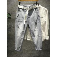 新款Hi 复古做旧刮烂牛仔裤男修身韩版小脚破洞九分裤撞色腰带