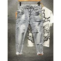 新款Hi 复古民族风拼接撞色牛仔裤男士宽松百搭个性破洞乞丐九分裤