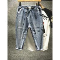 新款Hi 复古靛蓝染可调节腰带牛仔裤男士水洗做旧宽松微锥形七分裤