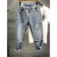 新款Hi 宽松直筒嘻哈阔腿男士九分牛仔裤子破洞乞丐款