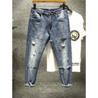 新款hi 小破洞乞丐刺绣时尚修身小脚长款牛仔裤男士港风ins