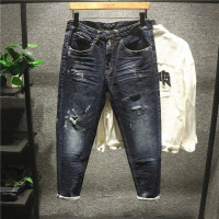 新款Hi IT香港版重磅洗水破洞牛仔裤男潮流漆点泼墨印花小脚裤