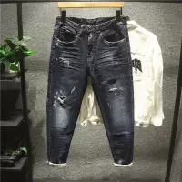 新款Hi IT香港版重磅洗水破洞牛仔裤男潮流漆点泼墨印花小脚裤