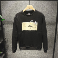 新款Hi 中国风仙鹤刺绣圆领卫衣男秋冬季国潮山水画印花长袖打底衫